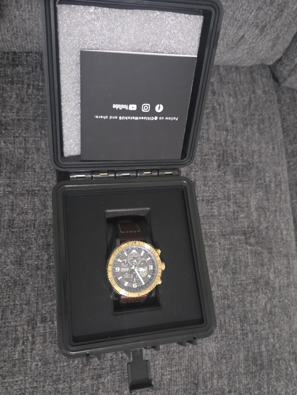 Citizen Gold-Tone Chronograph Watch with Brown Leather Strap and Black Dial